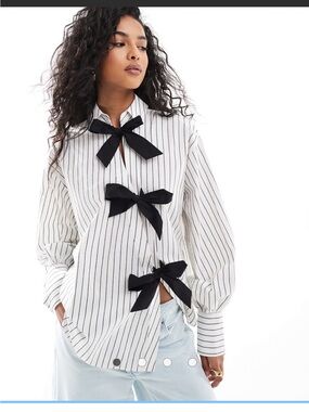 ASOS White Pinstripe Button-Down Shirt with Black Bow Details